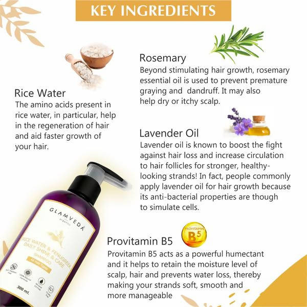 Glamveda Rice Water & Fenugreek Daily Shine & Care Shampoo | Grocsy