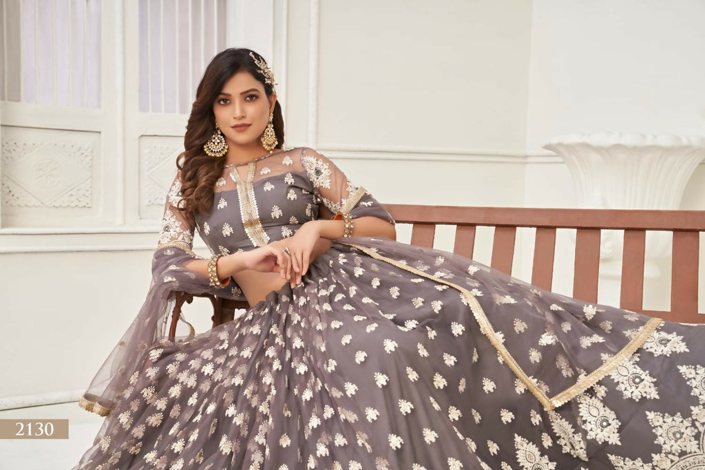 Aastha Fashion Space Gray Butterfly Net White Cotton Thread Work And Sequence Work Embroidery Wedding Wear Lehenga Choli | Grocsy