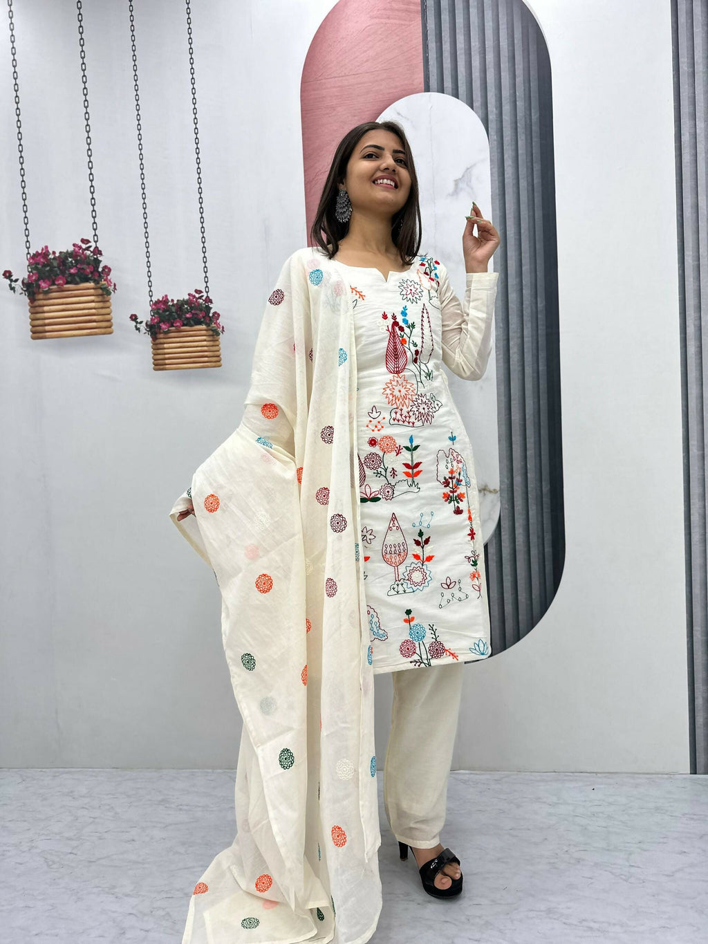 Teeya Creation Womens New Khadi Cotton Heavy Embroidery Thread Work Cream Kurta Set | Grocsy