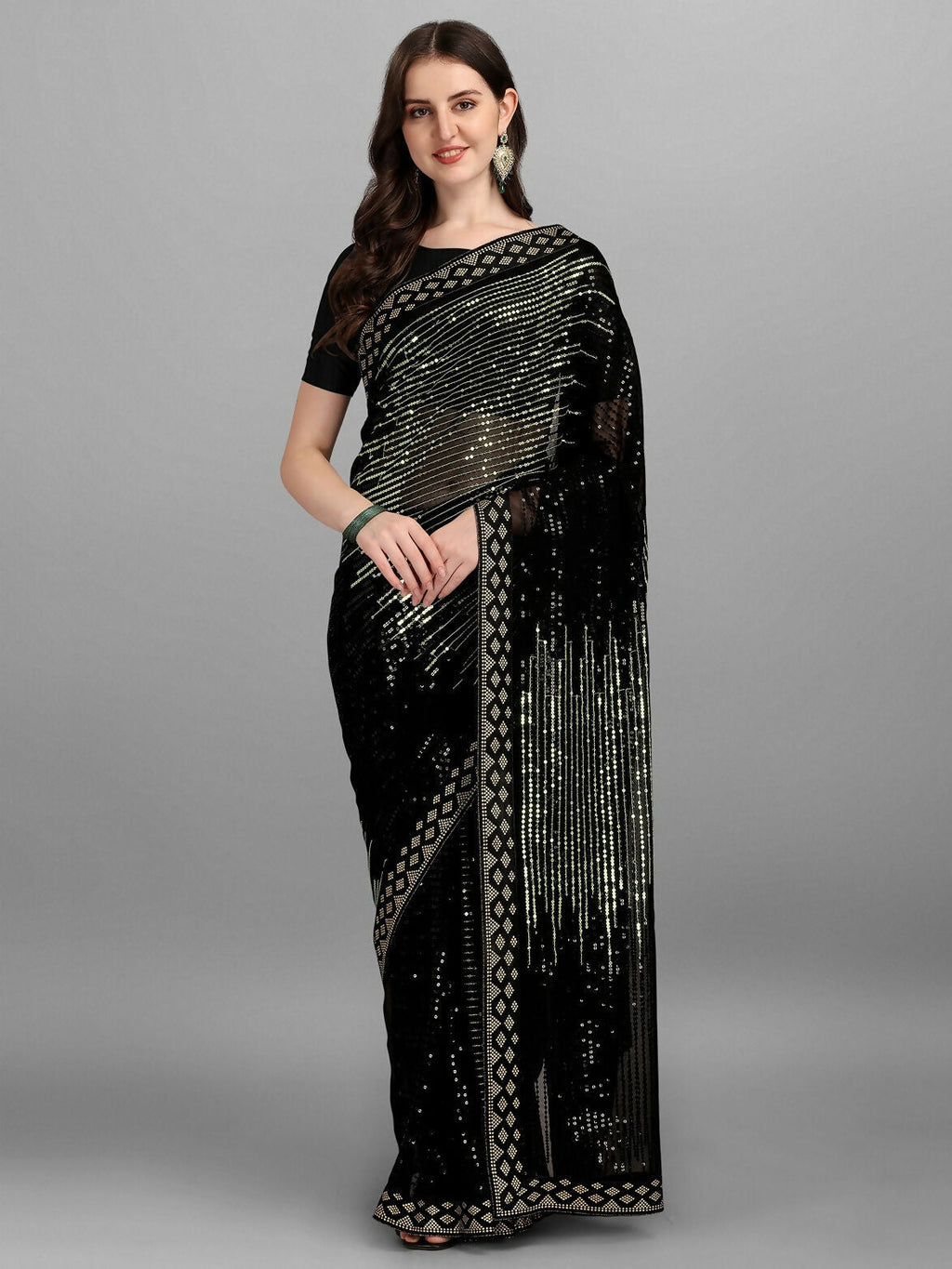 Vegaa Fashion Black Georgette Embroidered Party Wear Saree | Grocsy