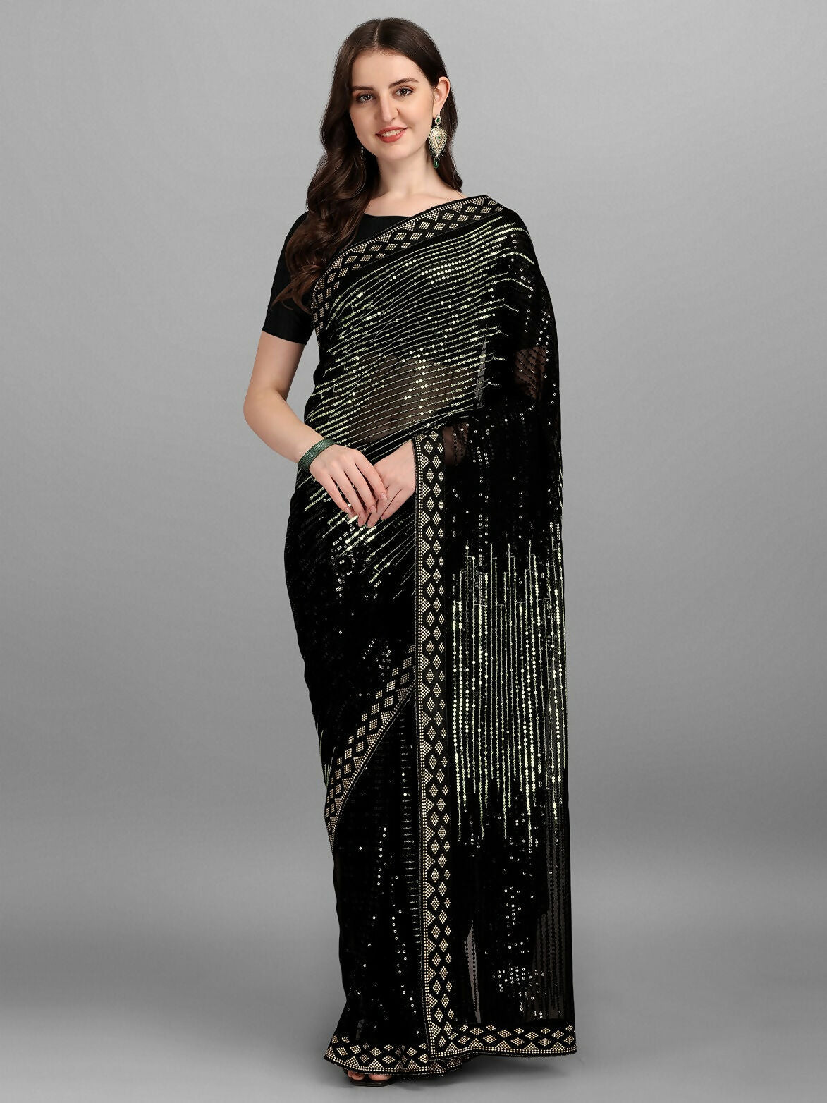 Vegaa Fashion Black Georgette Embroidered Party Wear Saree | Grocsy