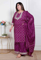 Miravan Plus Size Magenta Embroidered Cotton Kurta With Palazzo And Dupatta | Grocsy
