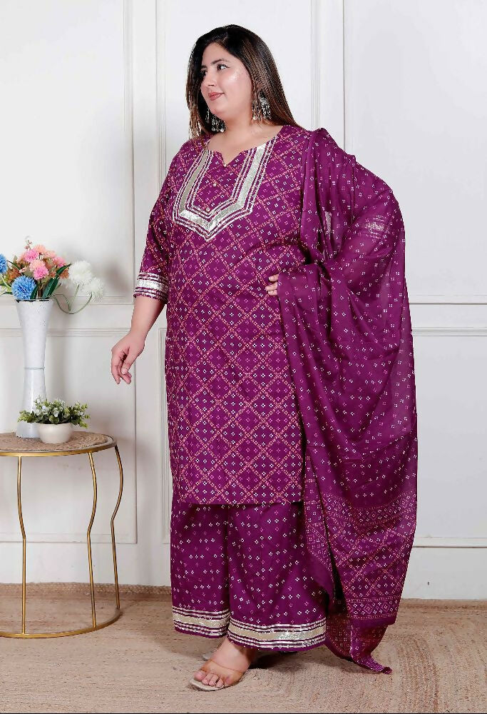 Miravan Plus Size Magenta Embroidered Cotton Kurta With Palazzo And Dupatta | Grocsy
