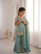 Teeya Creation New Trendy Kids Wedding Wear Kurta Suit - Blue Palazzo Set | Grocsy