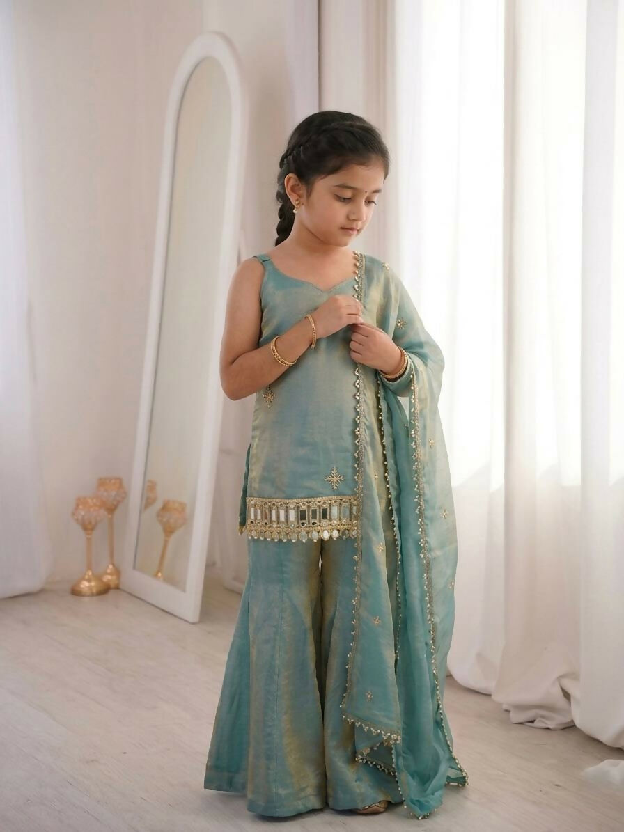 Teeya Creation New Trendy Kids Wedding Wear Kurta Suit - Blue Palazzo Set | Grocsy