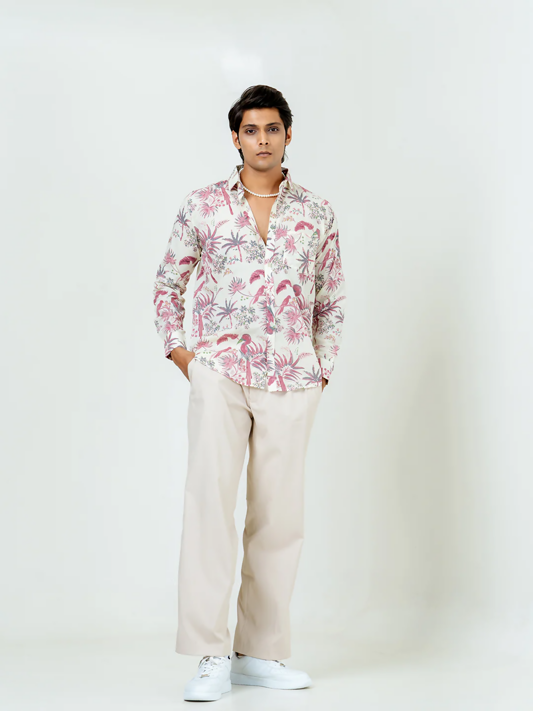 Miravan Men's Pure Cotton Light Pink Bird And Floral Printed Full Sleeve Slim Fit Shirt | Grocsy