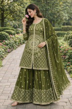 Teeya Creation Green Color Chinon Silk Wedding Wear Trending Palazzo Set | Grocsy