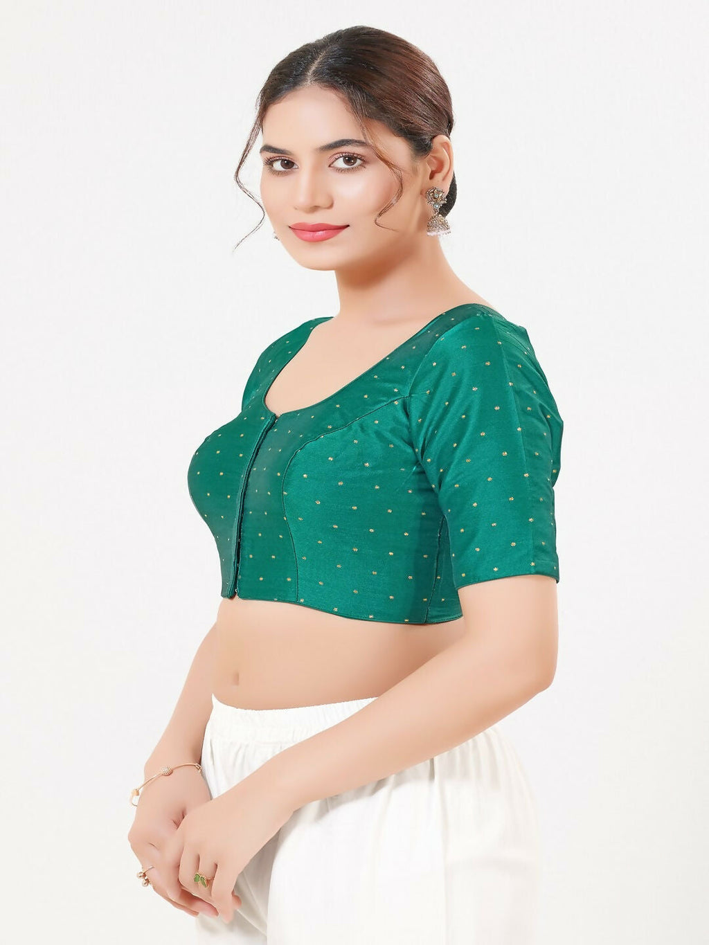 Joban Fashion D.Rama-Green Taffeta Silk Elbow Sleeveless Front Open Blouse | Grocsy