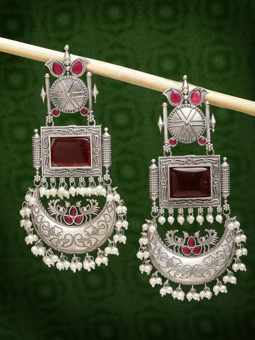 NVR Women's Silver-Plated Artificial Stones and Beads Chandbali Earrings | Grocsy