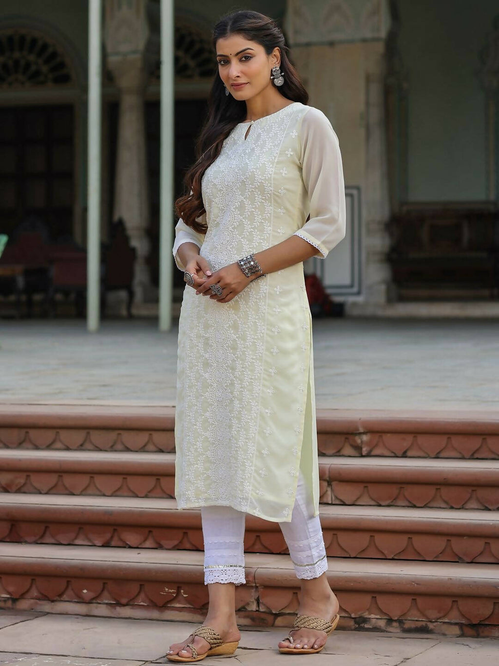Juniper Women's Lemon Georgette Printed Kurta | Grocsy
