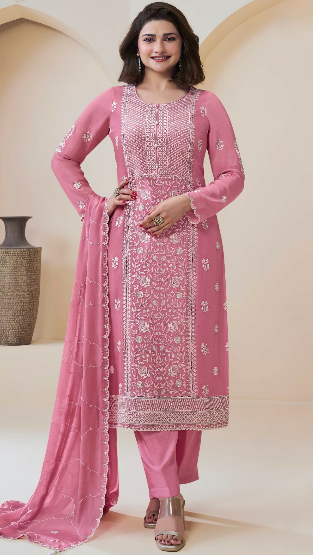 Anaita Light Pink Chinon Embroidered Thread Work Stitched Salwar Suit | Grocsy