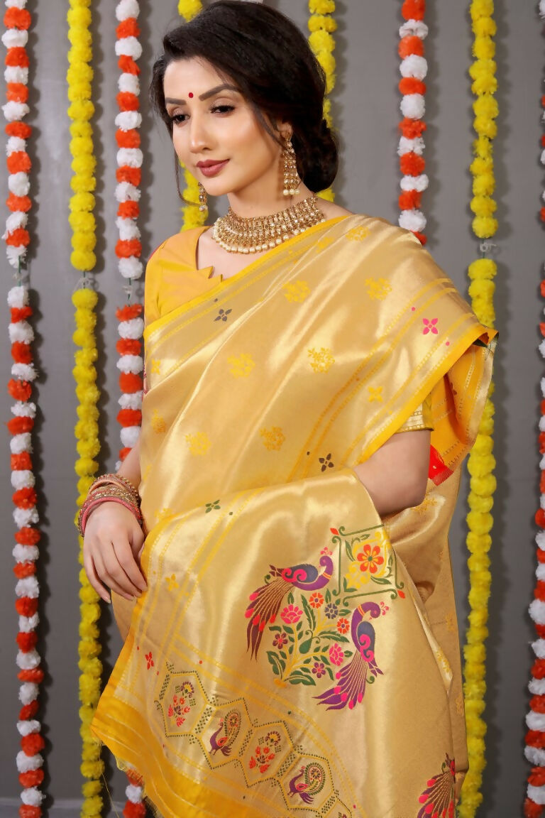 Jyoti Fashion Women's Yellow Paithani Silk Zari Woven Saree with Blouse | Grocsy
