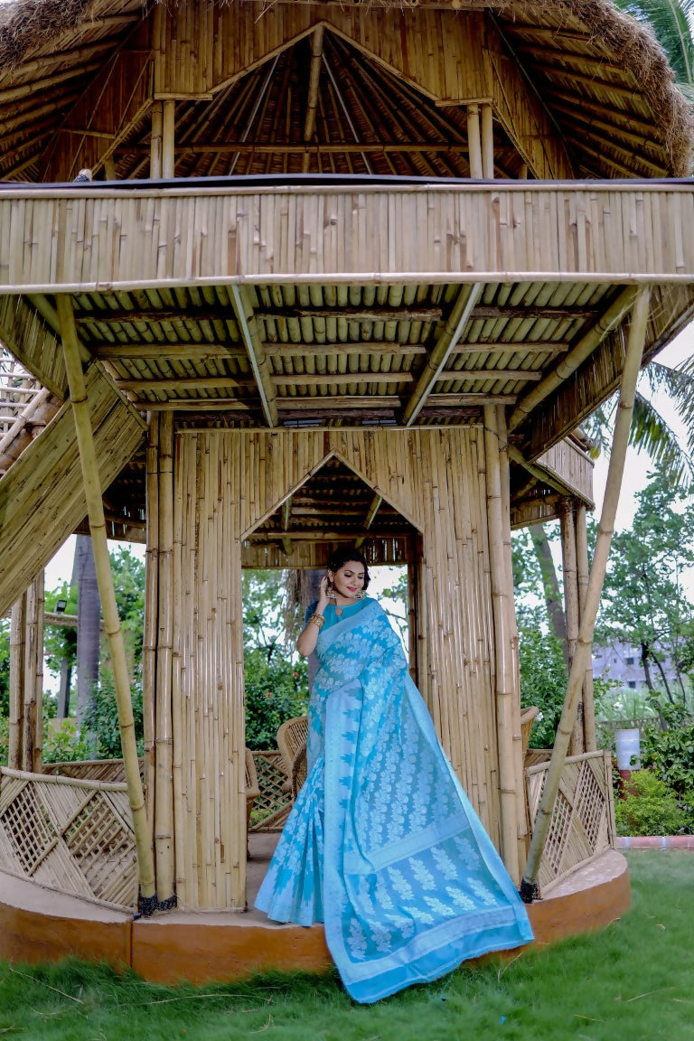 Partywear Designer Sky Blue Jamdani contton Fancy Saree - Starwalk | Grocsy