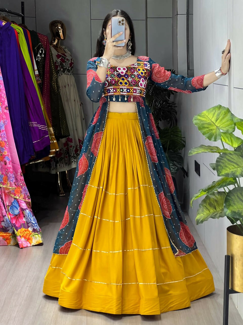 Yash Enterprise Mustard Rama Rayon Cotton Embroidery Semi Stitched Navratri Chaniya Choli | Grocsy