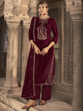 Jyoti Fashion Women's Maroon Velvet Floral Resham Thread with Jari work Kurta with Trouser & Dupatta | Grocsy