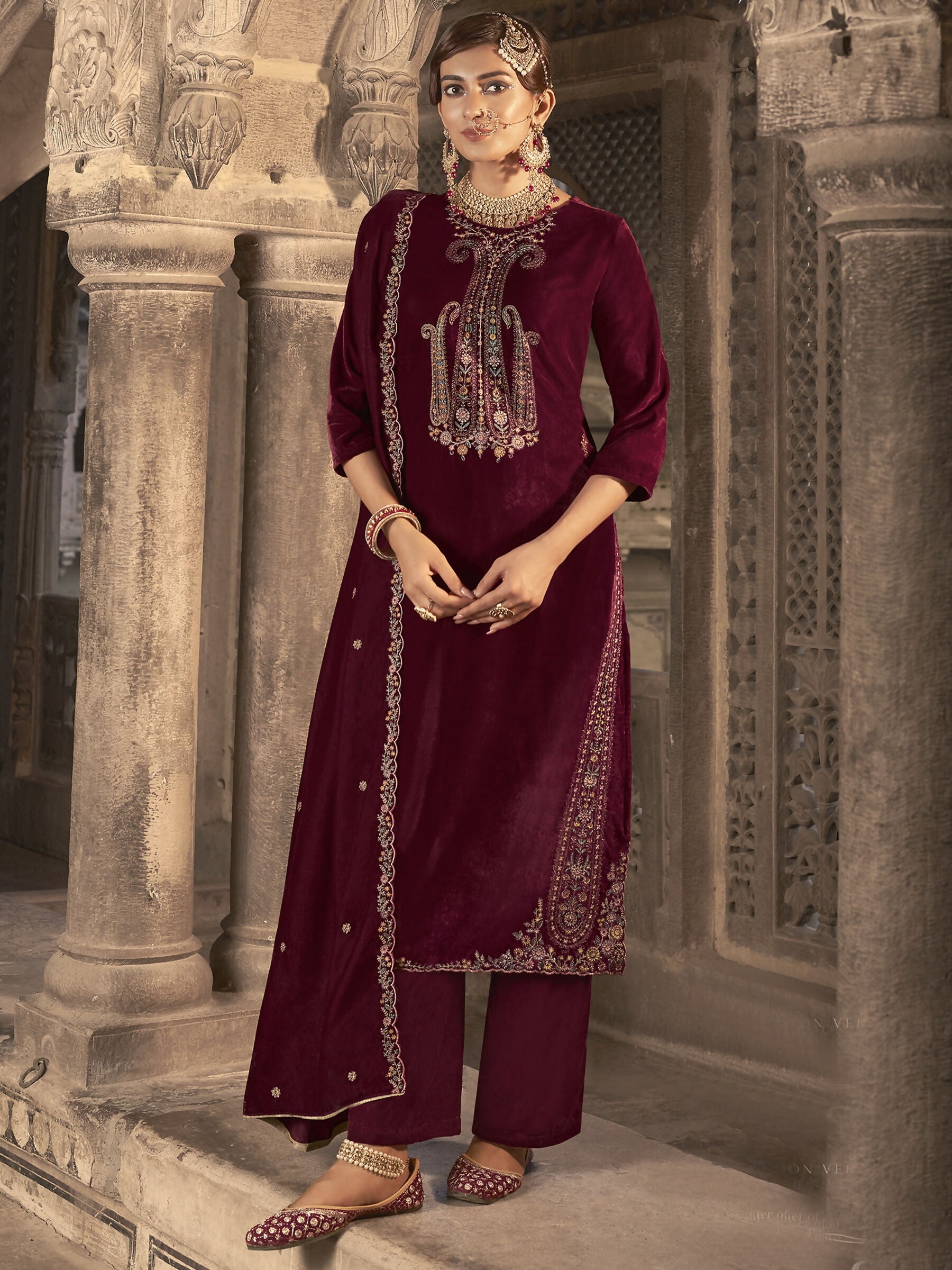 Jyoti Fashion Women's Maroon Velvet Floral Resham Thread with Jari work Kurta with Trouser & Dupatta | Grocsy