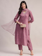Aavyora Women Lavender Embroidered Chinon Kurta with Straight Pants & Organza Dupatta Set | Grocsy