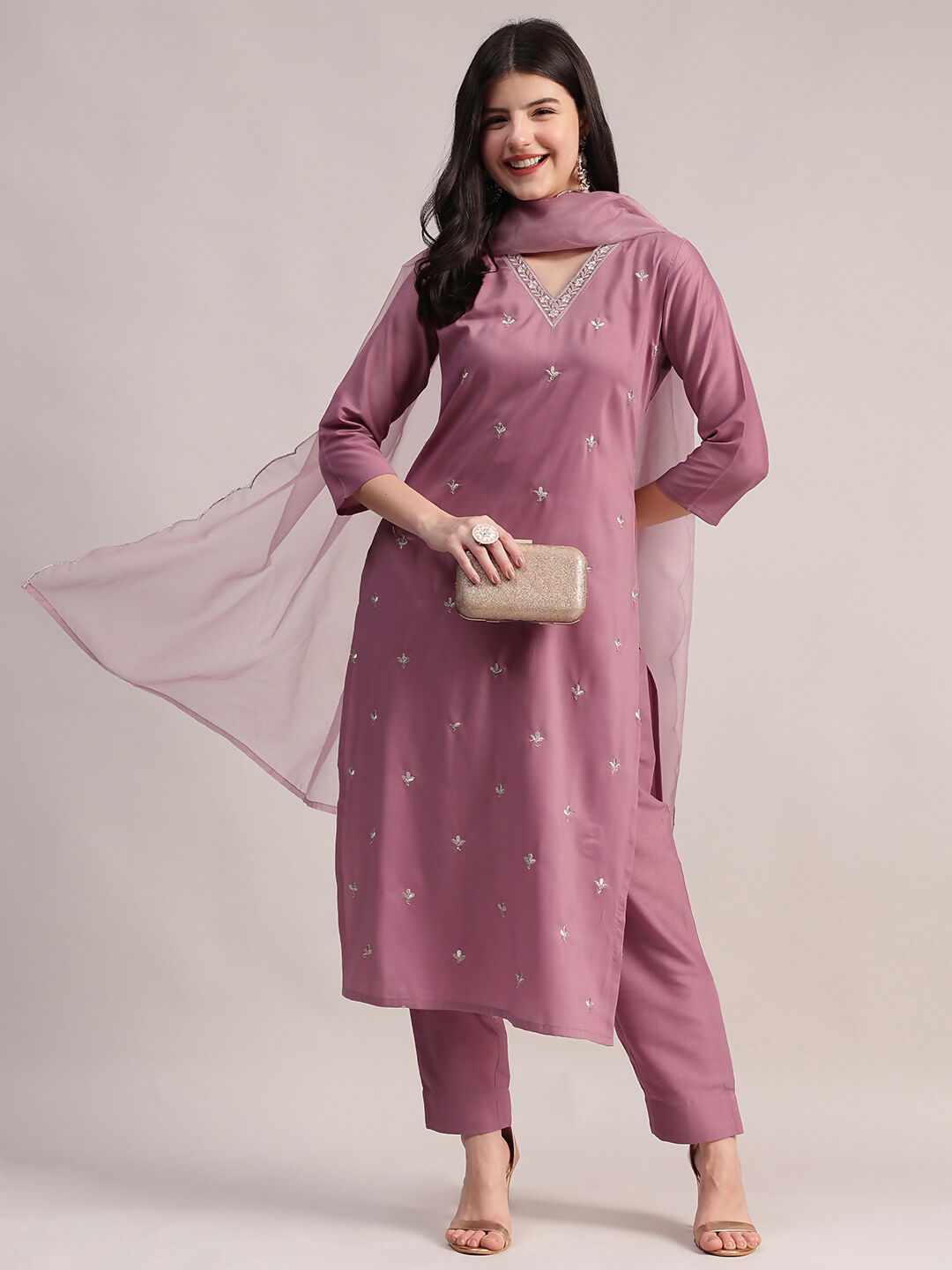 Aavyora Women Lavender Embroidered Chinon Kurta with Straight Pants & Organza Dupatta Set | Grocsy