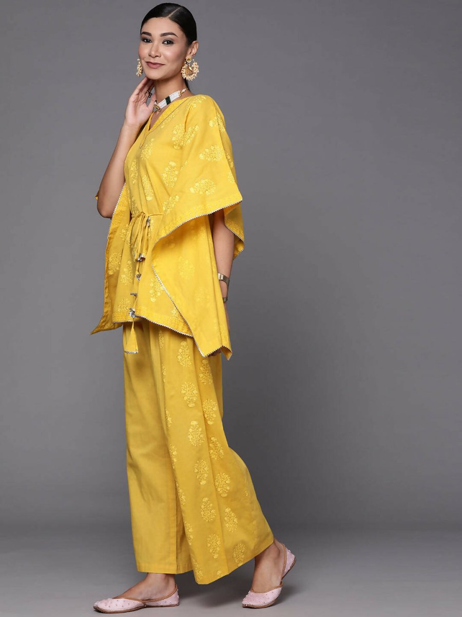 Ahalyaa Women Mustard Yellow Floral Printed Pure Cotton Co-Ords | Grocsy