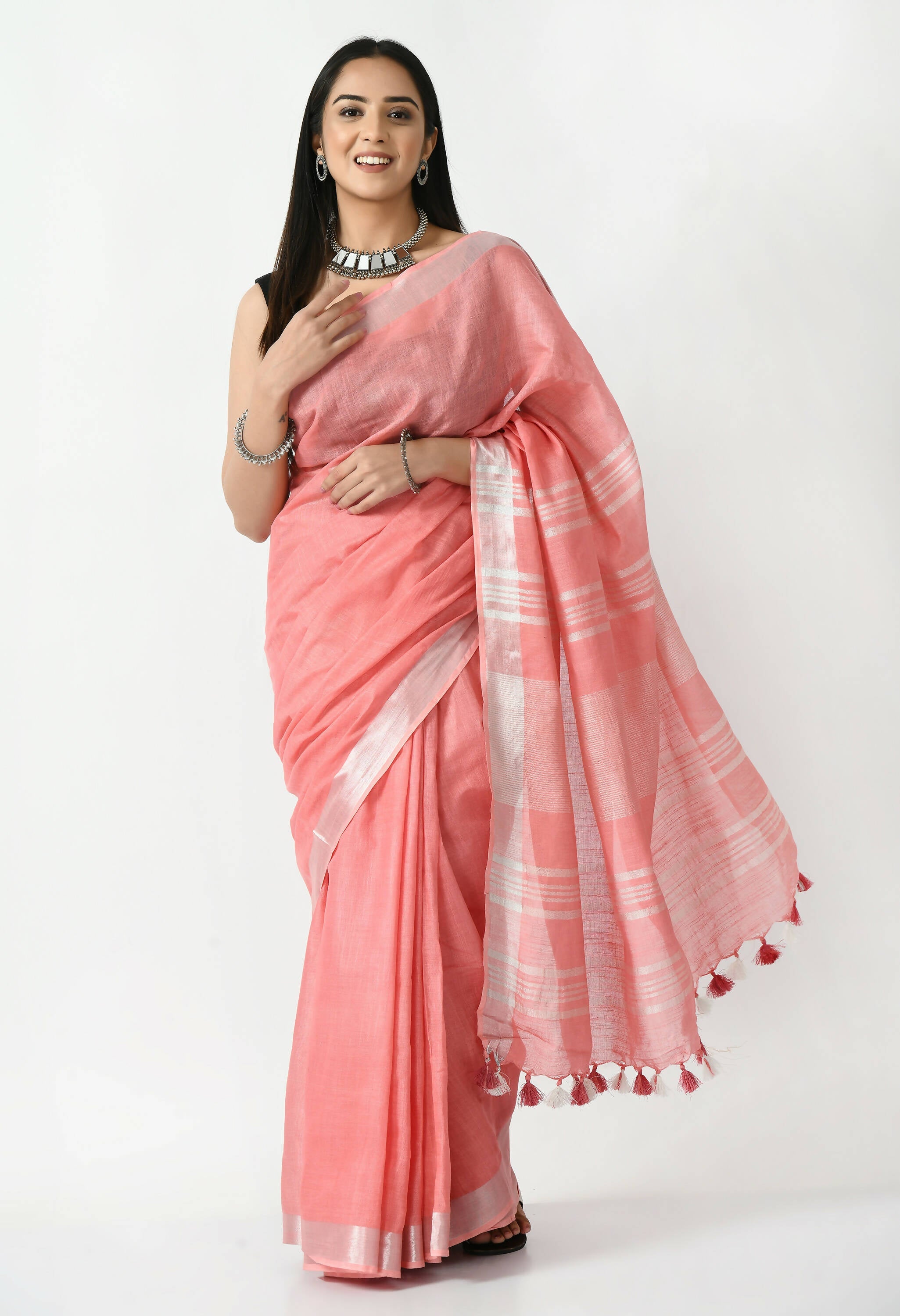 Mominos Fashion Moeza Light Gajari Bhagalpuri Handloom Silk Linen Saree with unstitched Blouse piece | Grocsy
