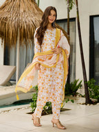 The52 Yellow Women's Beautiful Printed Silk Blend Fabric with Straight Kurta, Pant and Dupatta Set | Grocsy