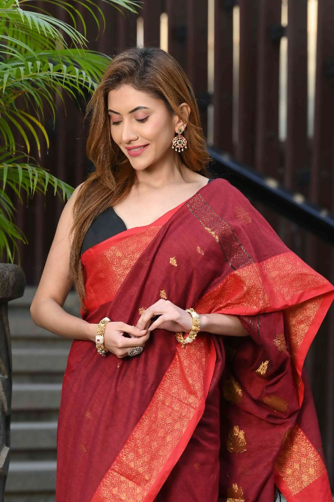 Beatitude Red Cotton Banarasi Saree | Grocsy