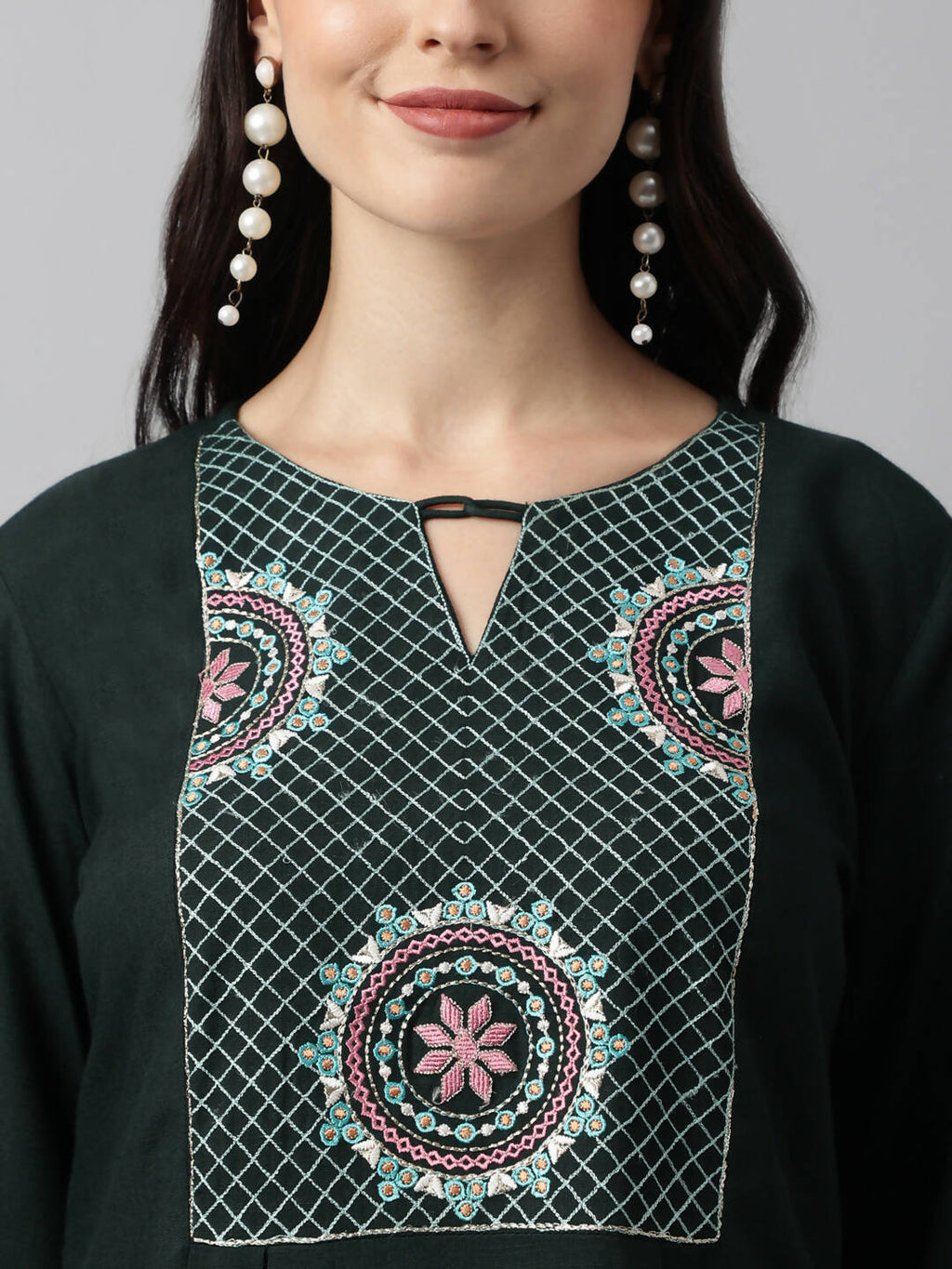 Green Rayon Yoke Embroidered A-line Top - Tarini | Grocsy