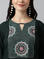 Green Rayon Yoke Embroidered A-line Top - Tarini | Grocsy