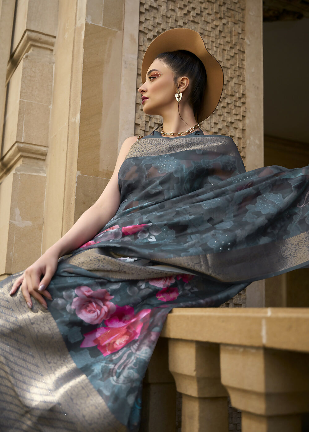 Lovely Navy Blue Polly Brasso Designer Saree - Emponline | Grocsy