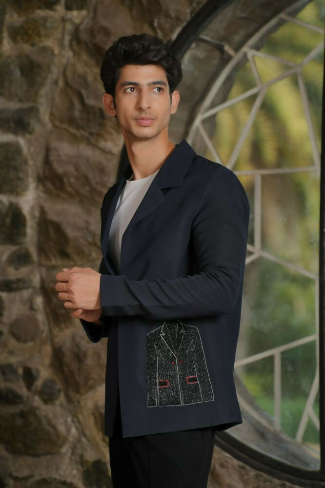 Noir Canvas Blazer – Black 4-Way Stretch Graphic Detail Suit For Men | Wedding & Party Wear by Hilo Design | Grocsy