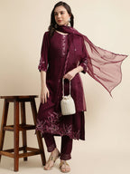 Purple Chinon Silk Embroidered Straight Kurta with Trouser & Dupatta - Salimar | Grocsy