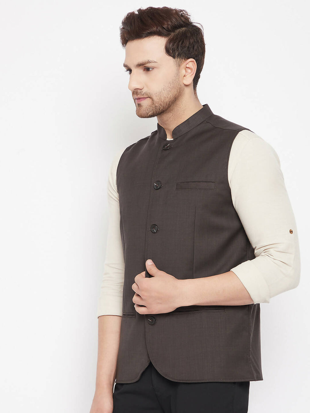 Even Apparels Brown Merino Men Woven Nehru Jacket | Grocsy