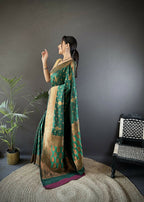 Joban Fashion Banarasi Dark Green Woven Soft Silk Saree | Grocsy