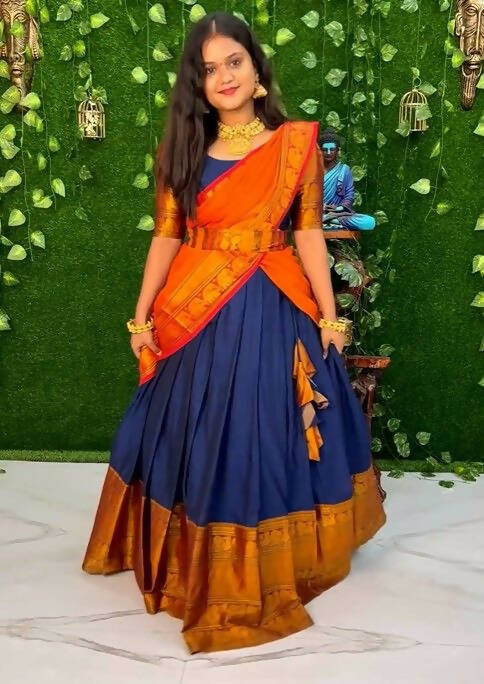 DEIANA'S Beautiful KanJivaram Silk Jari Lahengha Choli - Blue | Grocsy