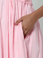 Manet Three Fourth Maternity Dress Striped With Concealed Zipper Nursing Access - Baby Pink | Grocsy
