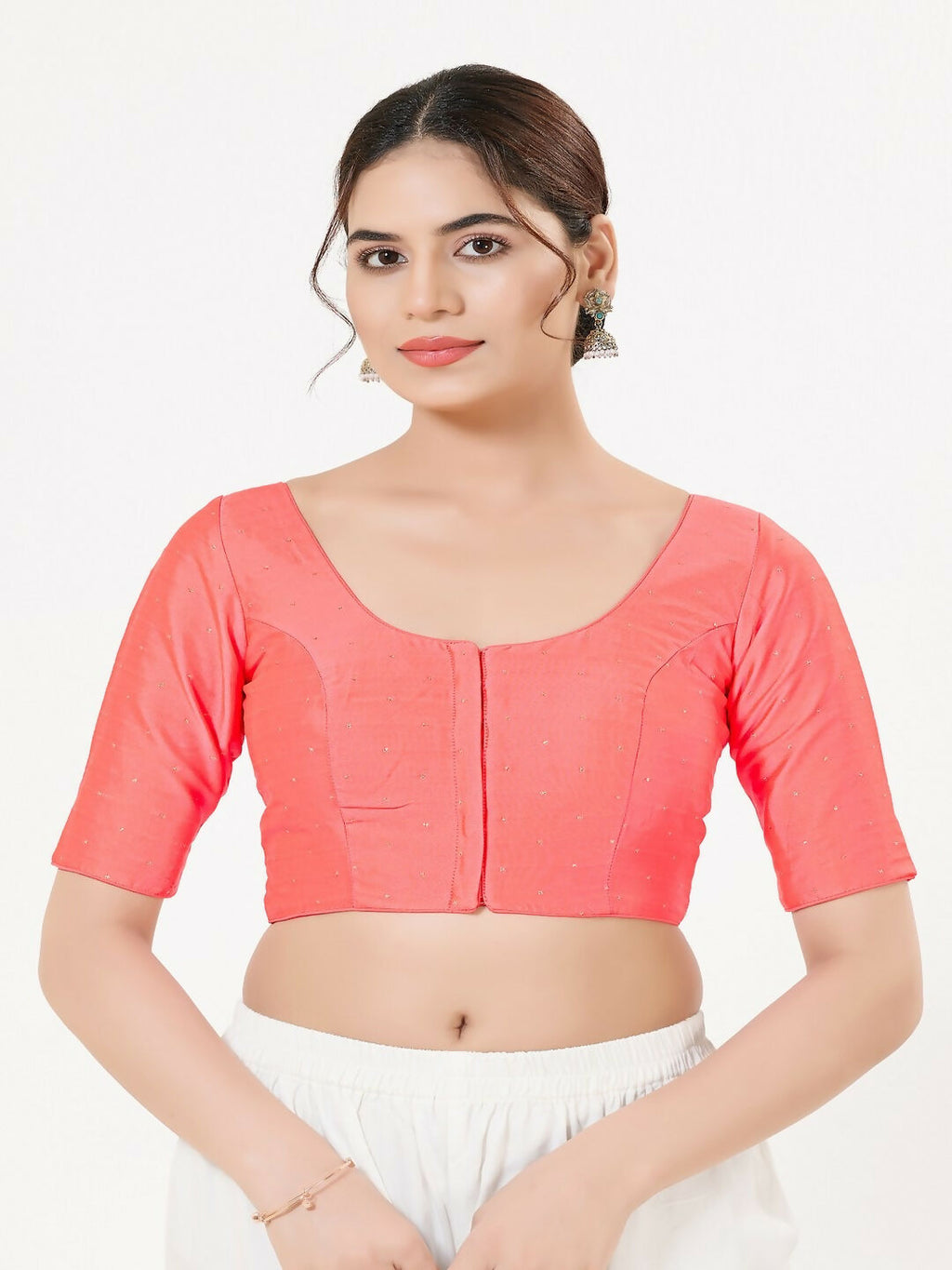 Joban Fashion Fuschia-Pink Taffeta Silk Elbow Sleeveless Front Open Blouse | Grocsy
