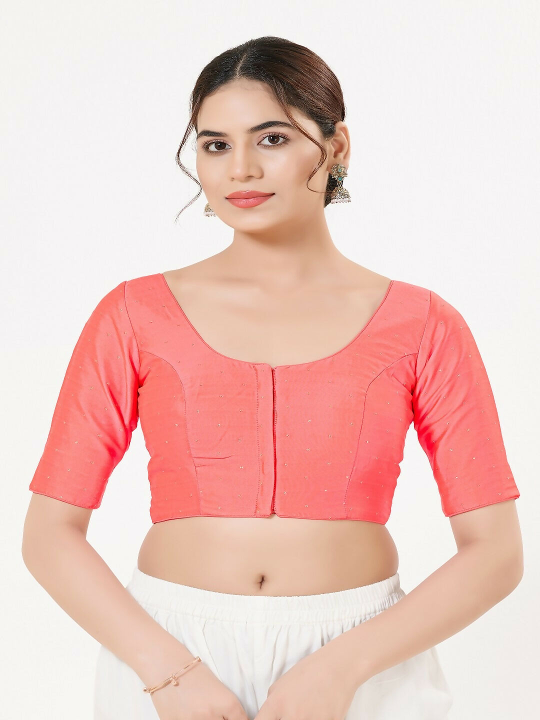 Joban Fashion Fuschia-Pink Taffeta Silk Elbow Sleeveless Front Open Blouse | Grocsy
