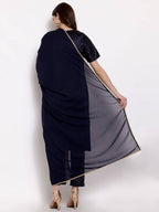 Myshka Women's Dark Blue Silk Blend Half Sleeve Round Neck Printed Casual Kurta Pant Dupatta Set | Grocsy