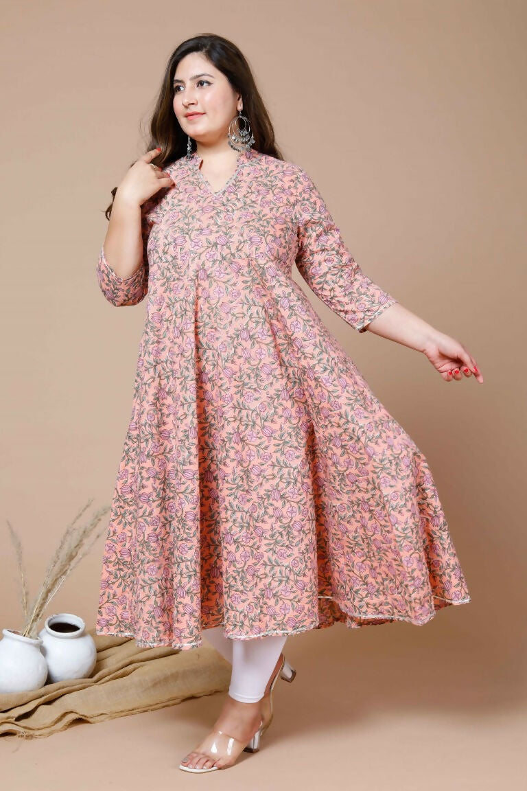 Miravan Women's Orange Plus Size Cotton Floral Printed Anarkali Kurta | Grocsy