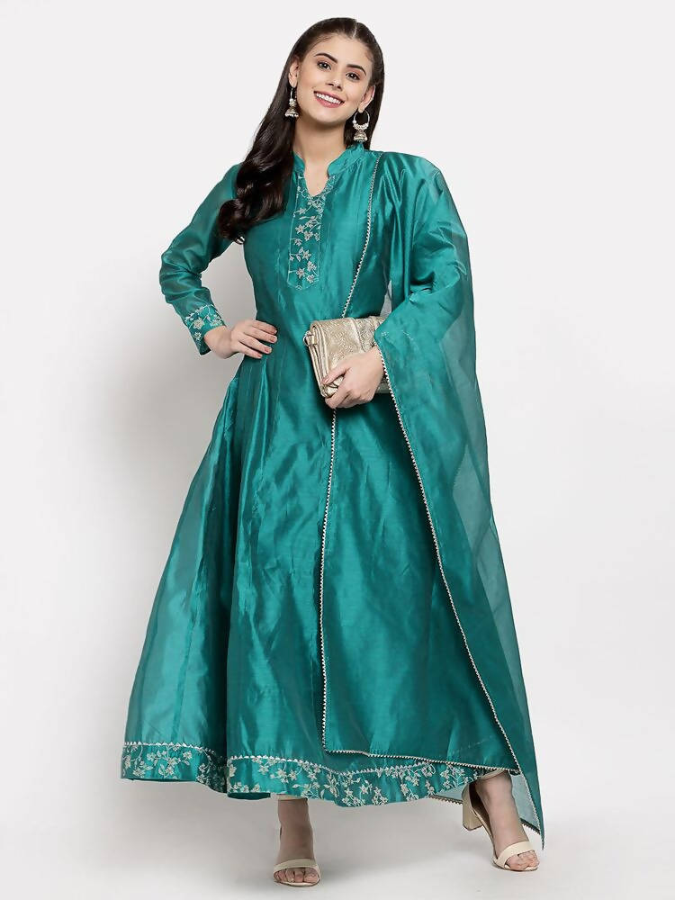 Myshka Women's Green Silk Solid Full Sleeve Mandarin Neck Casual Anarkali Gown | Grocsy