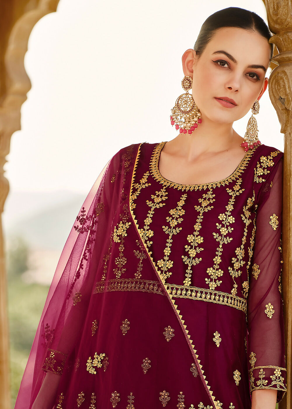 Heavy Stone Embroidered Wine Designer Anarkali Suit - Emponline | Grocsy