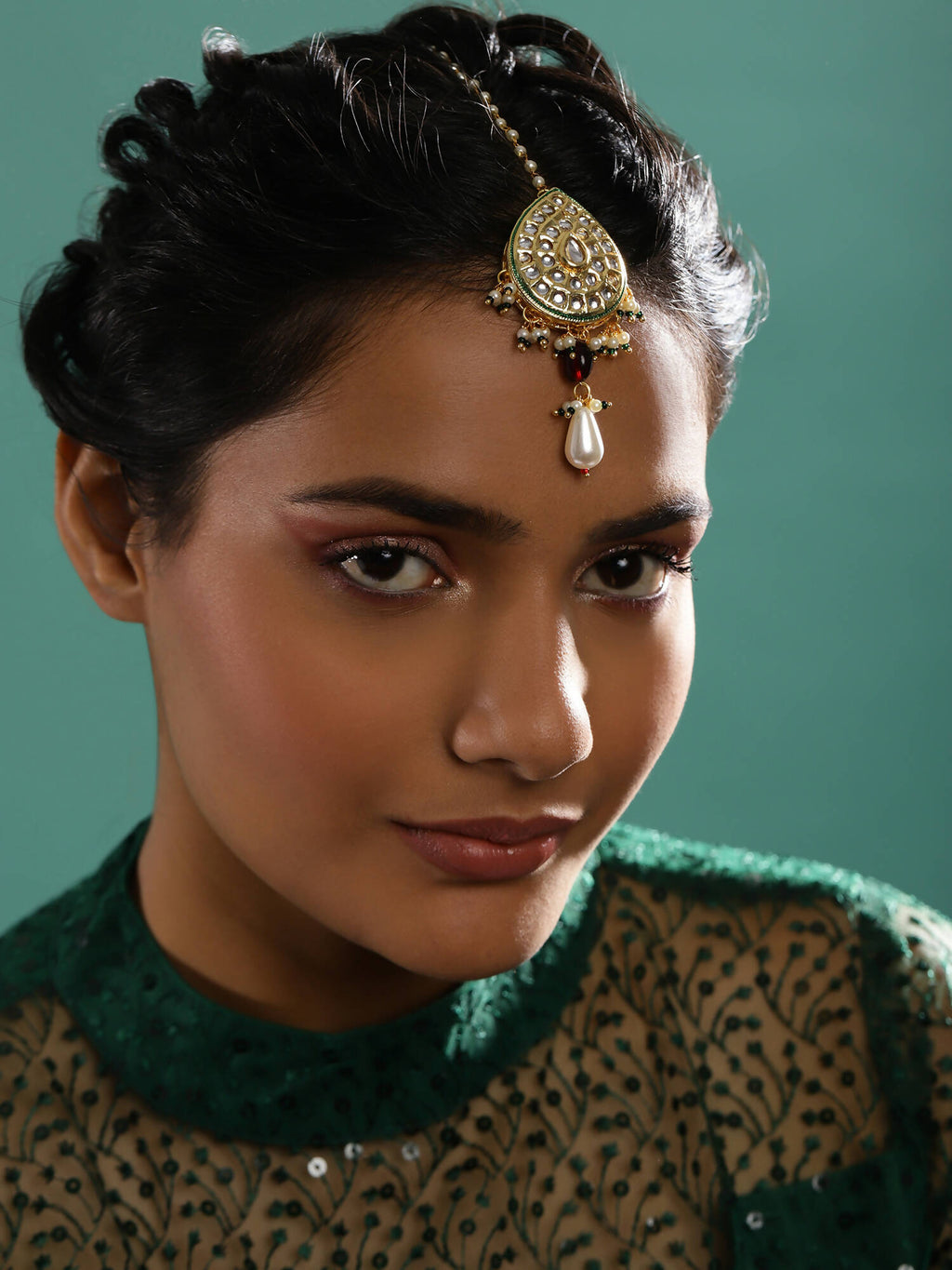 Gold-Polished White Green Kundan-Studded Pearl Beaded Maang Tikka - Ruby Raang | Grocsy