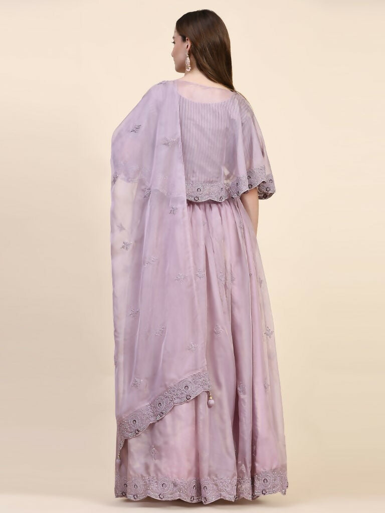 Purple Silk Embroidered Poncho Pattern Top & Lehenga with Dupatta - Tanya | Grocsy