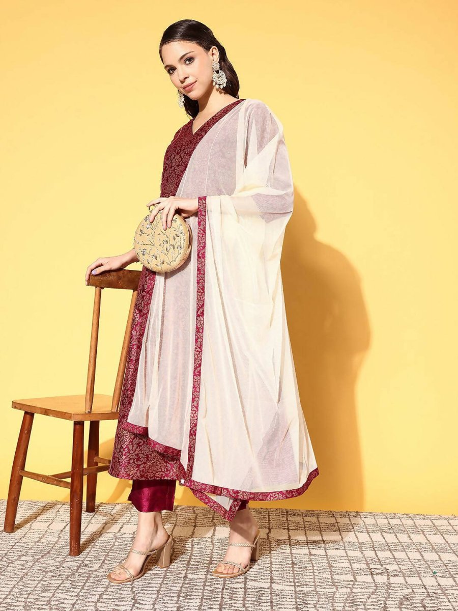 Ahalyaa Women's Wine Colour Poly Silk Gold Paste Printed Kurta Pant Set | Grocsy