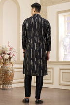 Raivat Ethnic Men's Art Silk Thread Work Kurta Pyjama In Black Colour | Grocsy