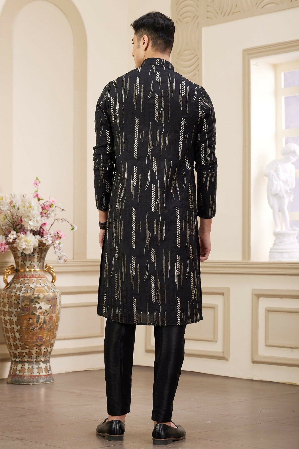 Raivat Ethnic Men's Art Silk Thread Work Kurta Pyjama In Black Colour | Grocsy