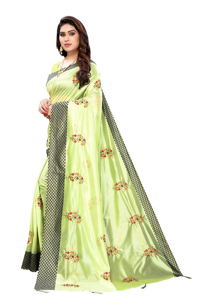 Vamika Parrot Green Crepe Embroidery Saree (Nirali Pista) | Grocsy