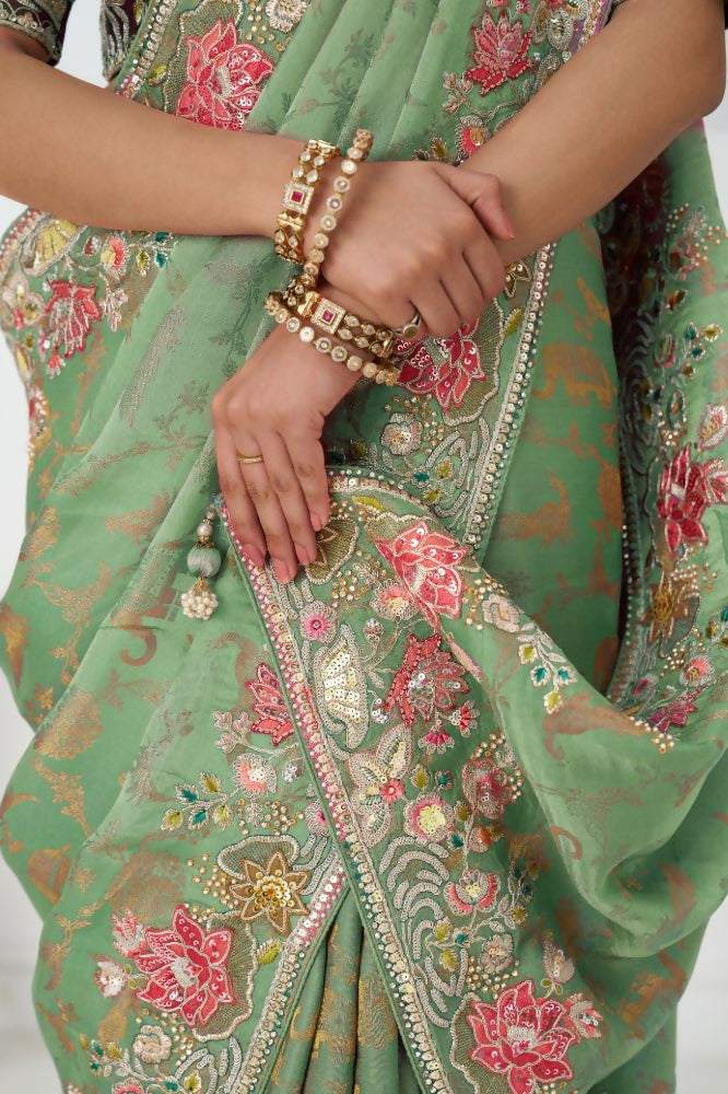 Kesar Fab Green Net Embroidered Lehenga | Grocsy