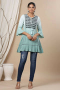 Juniper Sage Green Rayon Festive Embroidered Tiered Tunic For Women | Grocsy