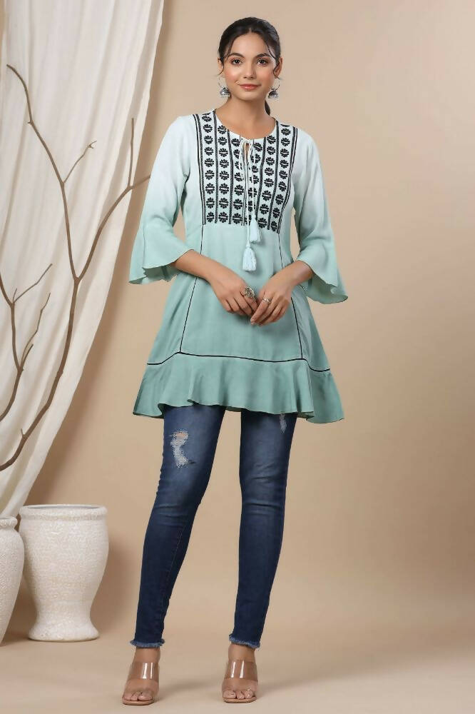 Juniper Sage Green Rayon Festive Embroidered Tiered Tunic For Women | Grocsy